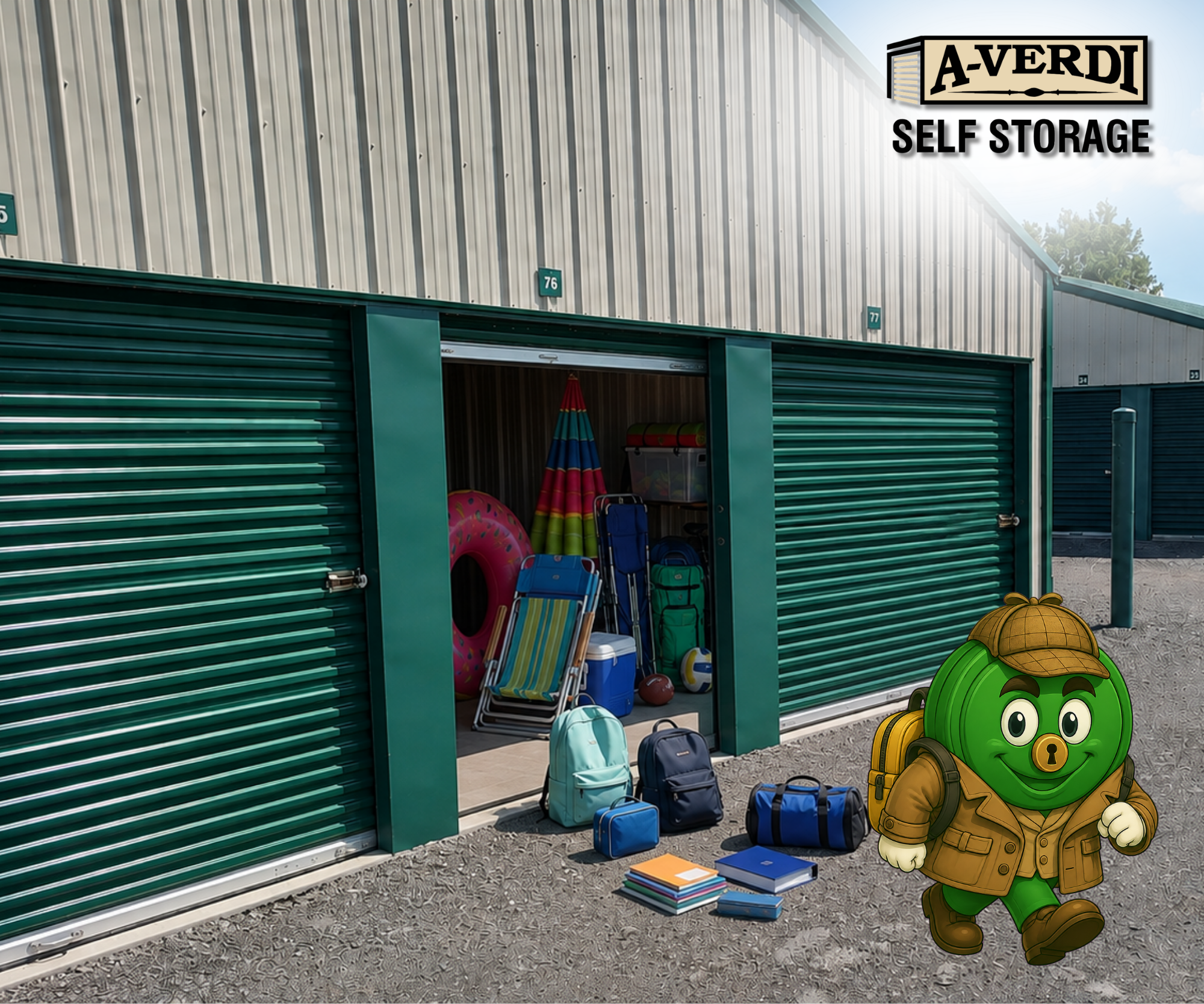Surelock walks past an open A-Verdi Self Storage unit filled with summer gear as backpacks, lunch bags, notebooks, and school supplies sit outside for back-to-school season.